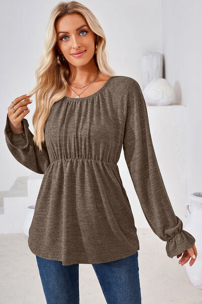 Ruched Round Neck Flounce Sleeve Blouse