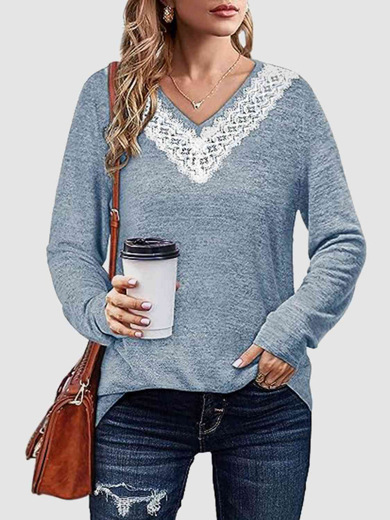 Lace Detail V-Neck Long Sleeve Top