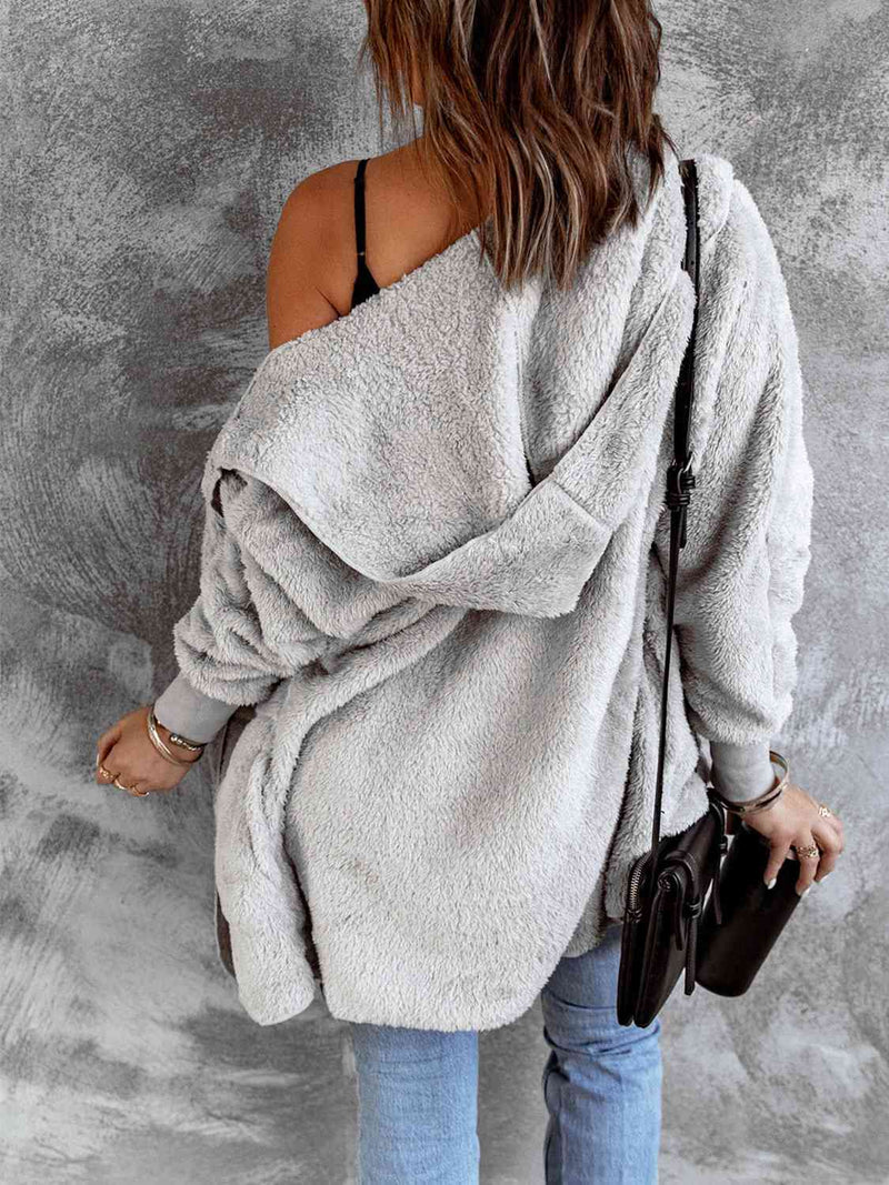 Open Front Hooded Faux Fur Outwear with Pockets