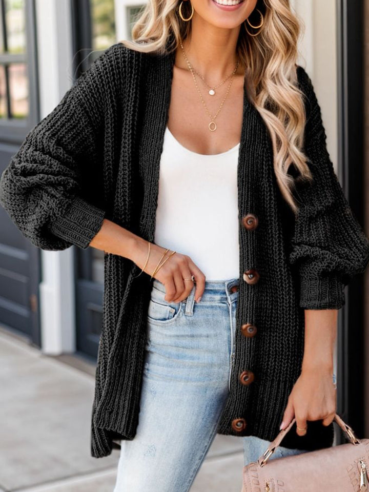 Full Size Button-Up V-Neck Long Sleeve Cardigan