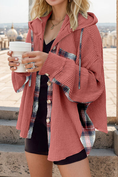 Plaid Waffle-Knit Drawstring Hooded Jacket