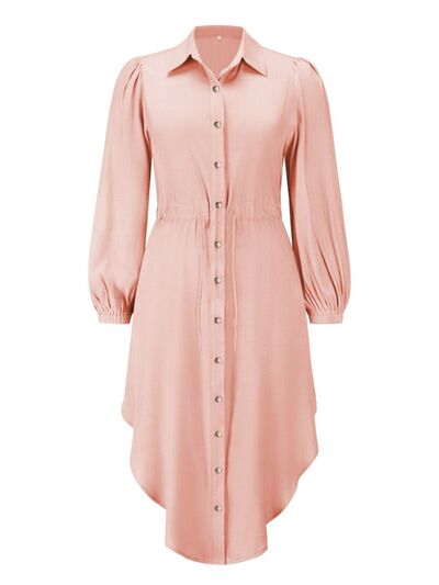 Drawstring Button Up Balloon Sleeve Dress