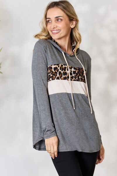 BiBi Leopard Color Block Drawstring Hoodie