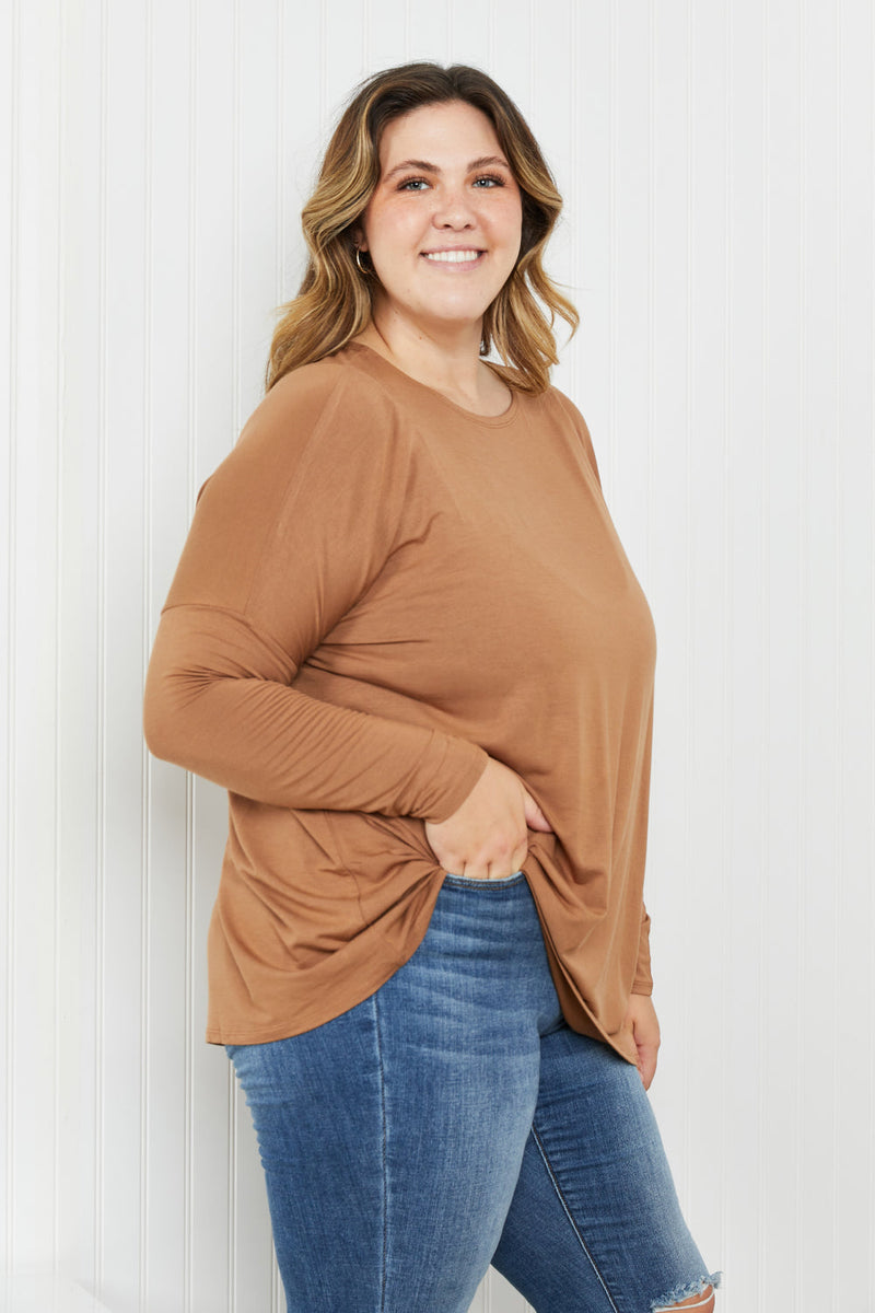 SAMPLE Zenana Full Size Round Neck Dropped Shoulder Tunic Top in Deep Camel