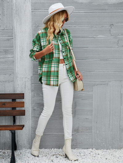 Plaid Pocketed Button Up Dropped Shoulder Jacket