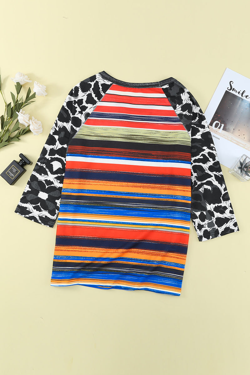 Mixed Print Cutout Three-Quarter Sleeve Top