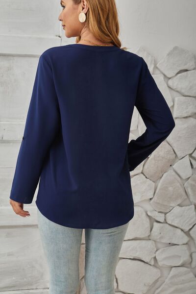 Decorative Button Notched Long Sleeve Blouse
