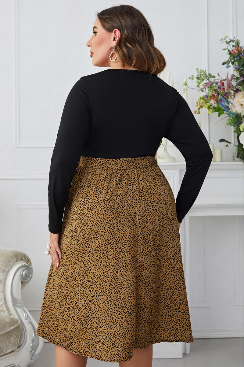 Plus Size Leopard Long Sleeve Round Neck Dress