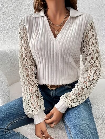 Lace Detail Johnny Collar Long Sleeve Blouse