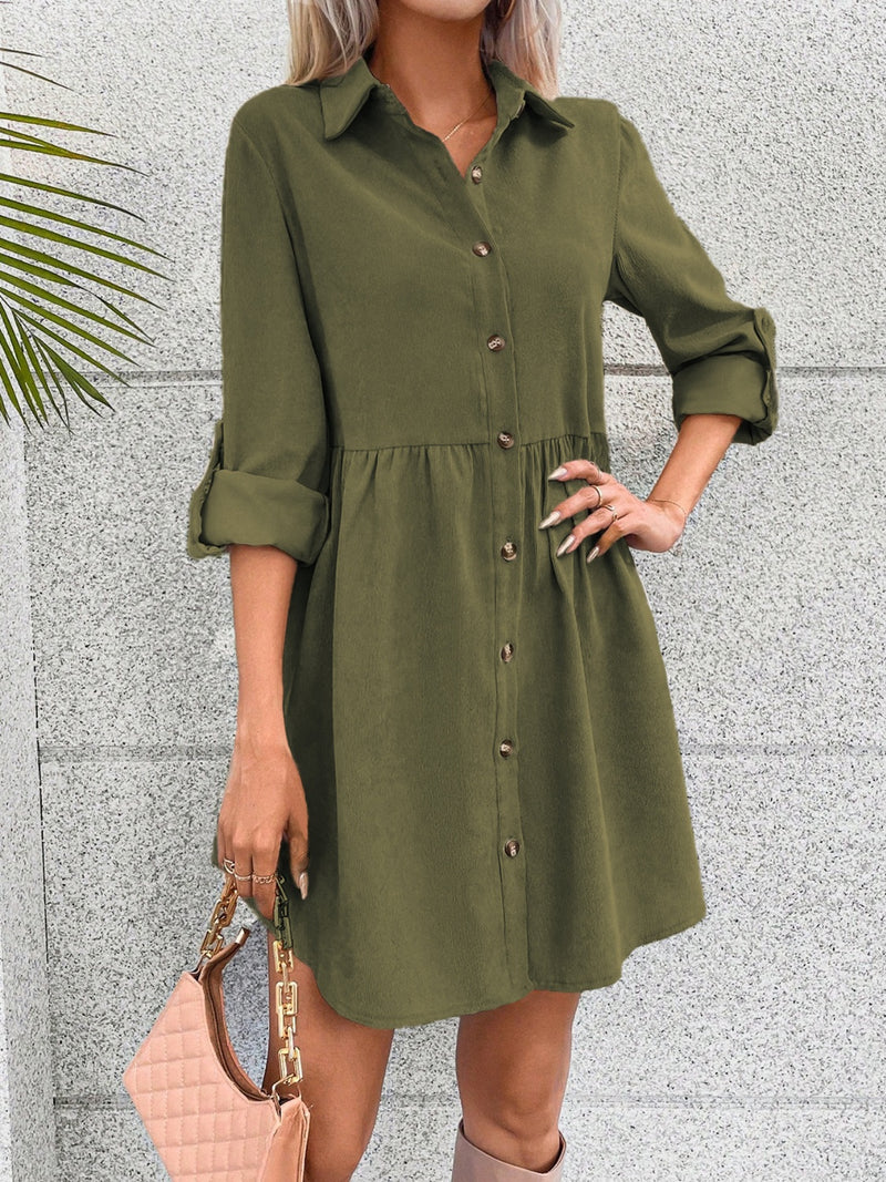 Button Up Collared Neck Long Sleeve Dress
