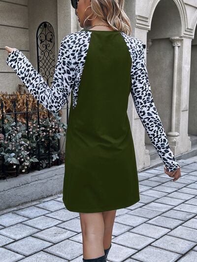 Leopard Round Neck Long Sleeve Dress