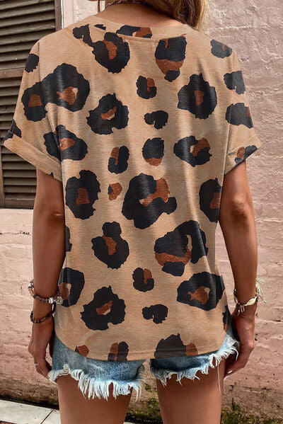 Leopard Half Button Short Sleeve T-Shirt