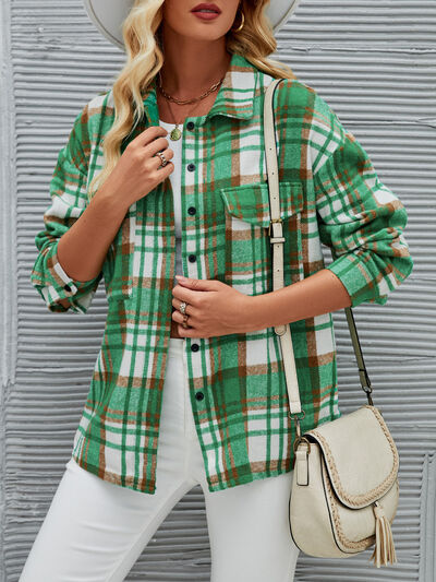 Plaid Pocketed Button Up Dropped Shoulder Jacket