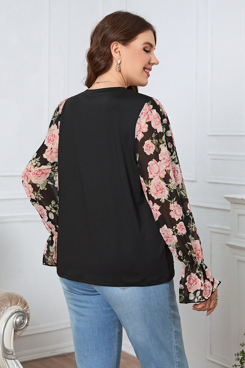 Plus Size Floral Flounce Sleeve Blouse