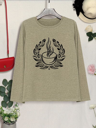 Coffee Graphic Round Neck Long Sleeve T-Shirt