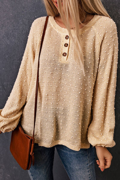 Quarter Button Round Neck Balloon Sleeve Blouse