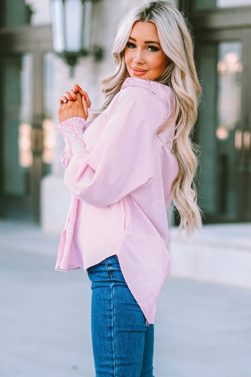 Striped Lantern Sleeve Collared Shirt