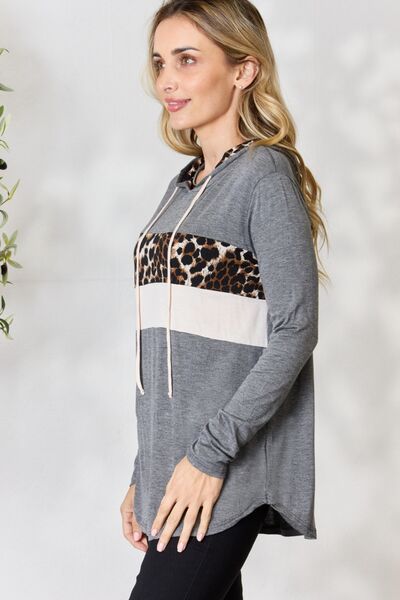 BiBi Leopard Color Block Drawstring Hoodie