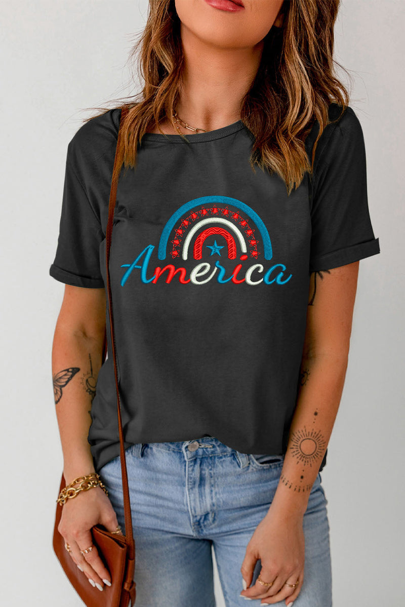 SAMPLE- AMERICAN Embroidered Round Neck Cuffed Tee Shirt