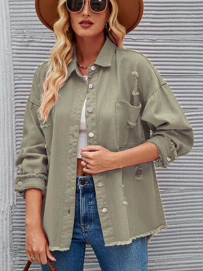 Distressed Raw Hem Button Up Denim Jacket