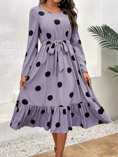 Tied Polka Dot Round Neck Ruffle Hem Dress