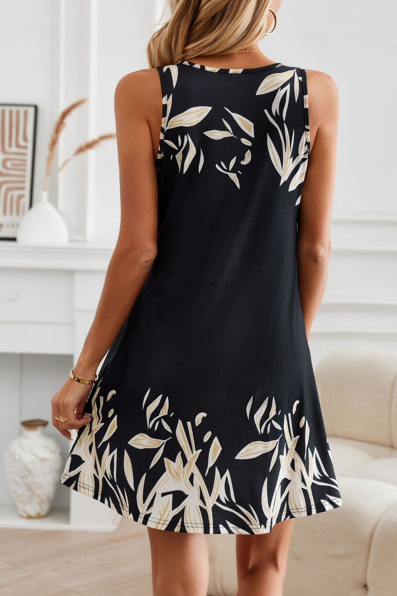 Printed Wide Strap Mini Dress with Pockets