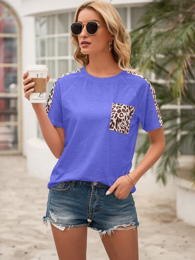 Pocketed Leopard Round Neck Short Sleeve T-Shirt