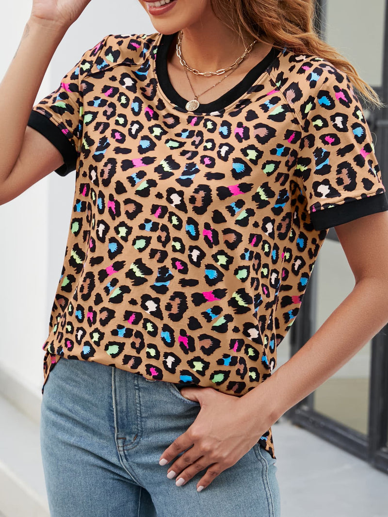 Leopard Round Neck Short Sleeve Tee Shirt