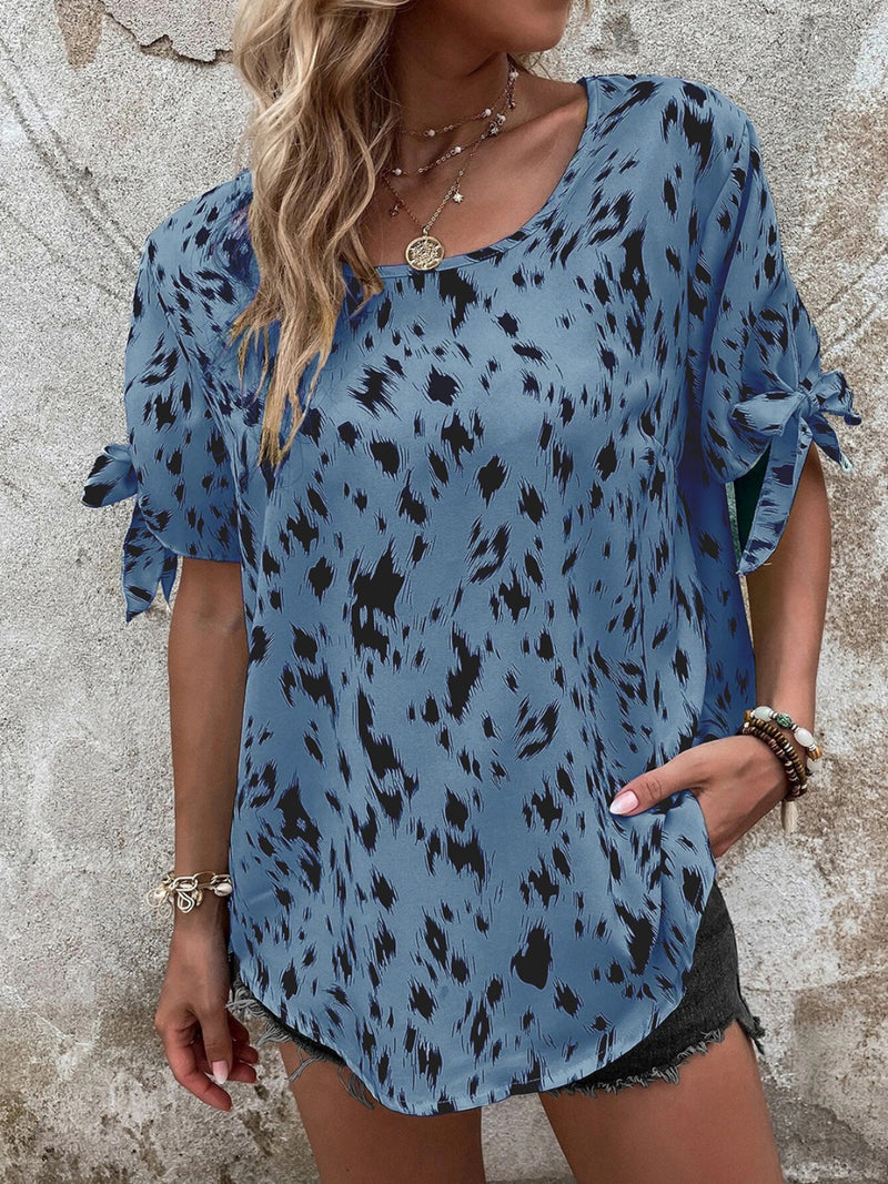 Tied Printed Boat Neck Blouse