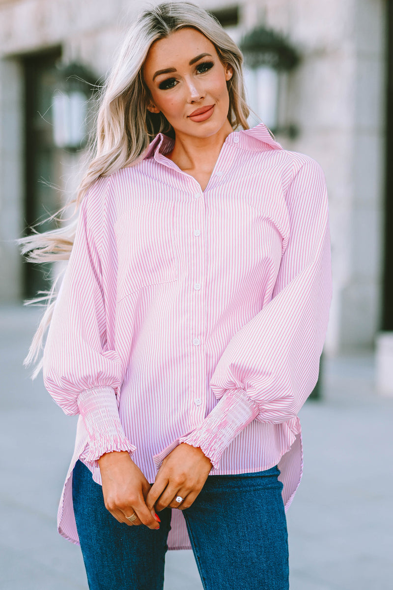 Striped Lantern Sleeve Collared Shirt