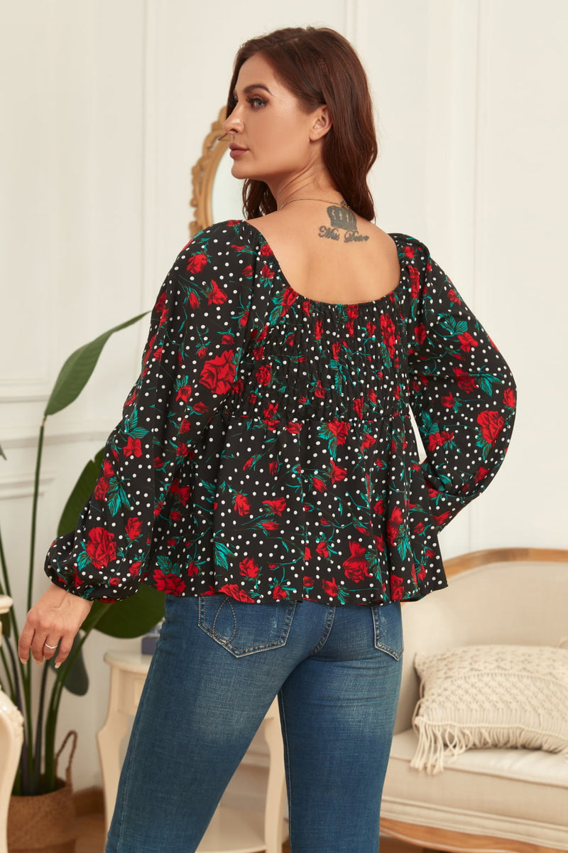 Plus Size Floral Balloon Sleeve Blouse