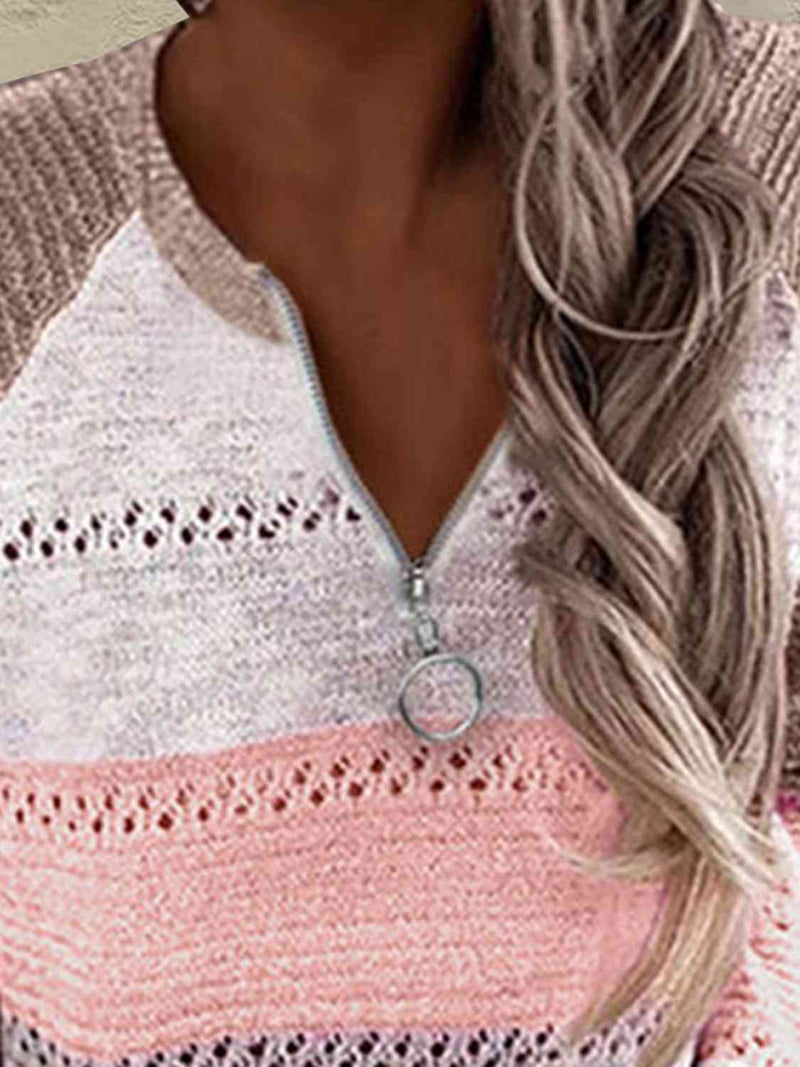 Full Size Color Block Half Zip Sweater