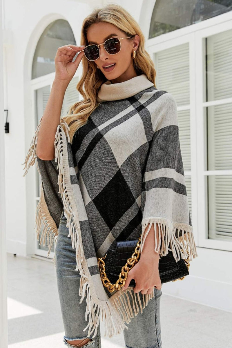 Plaid Turtleneck Fringe Hem Poncho