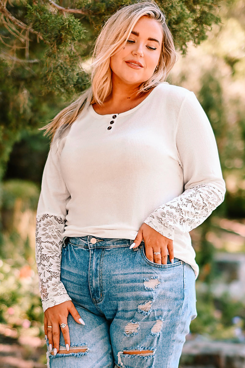 Plus Size Spliced Lace Ribbed Henley Top 1X - 5X