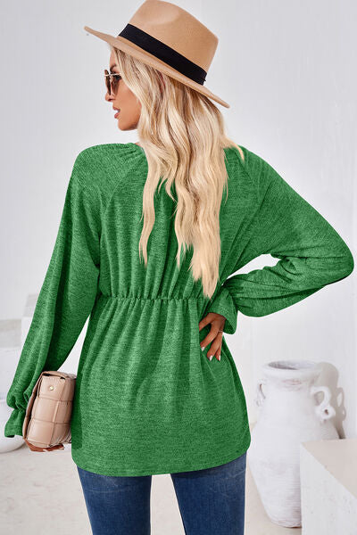 Ruched Round Neck Flounce Sleeve Blouse