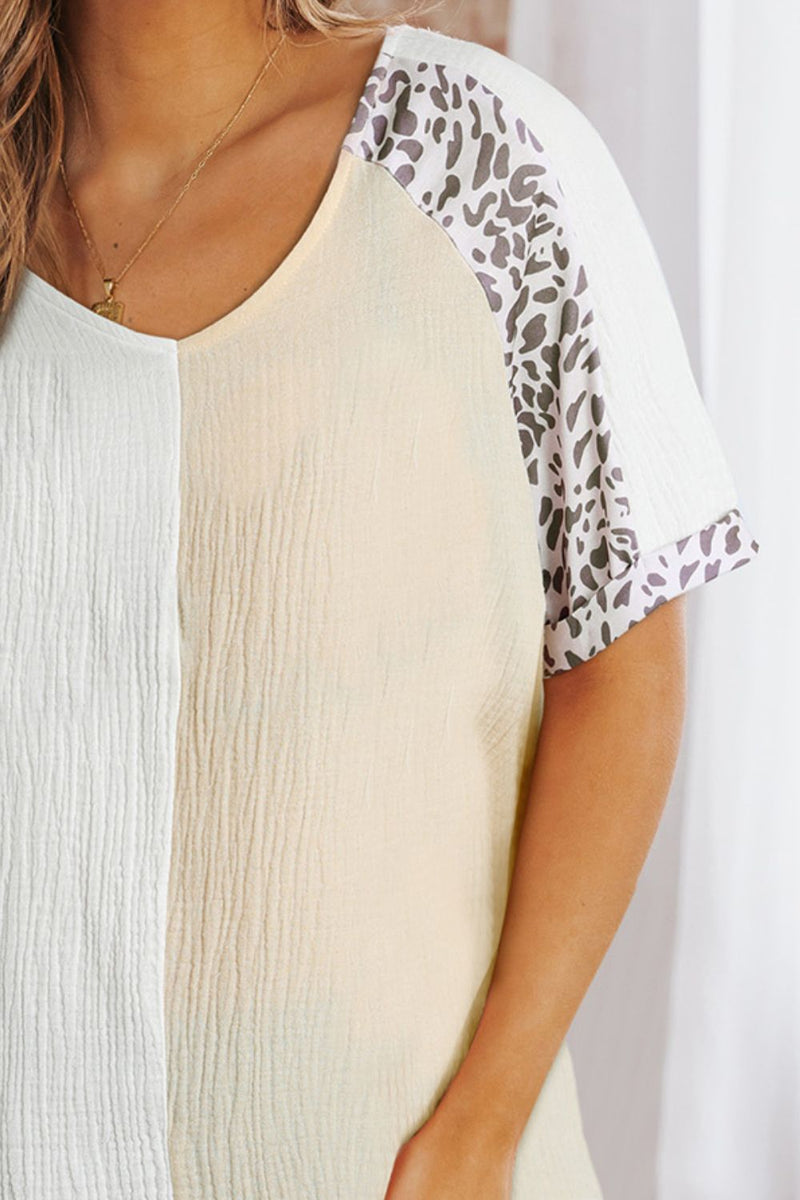 Leopard Color Block V-Neck Top