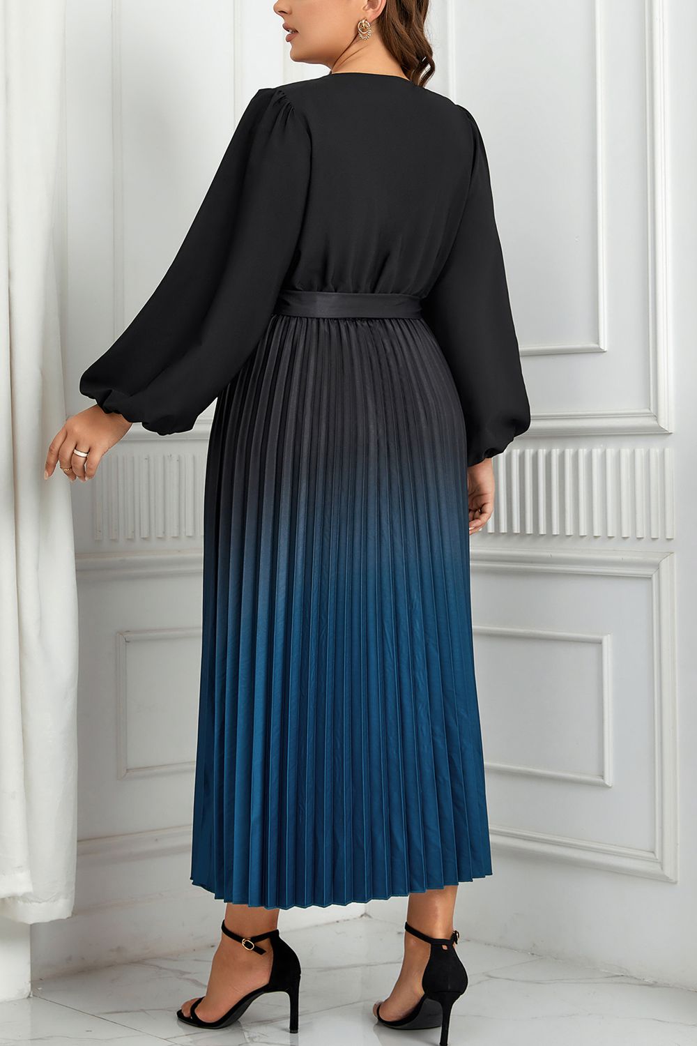 Tie neck long sleeve pleated outlet dress