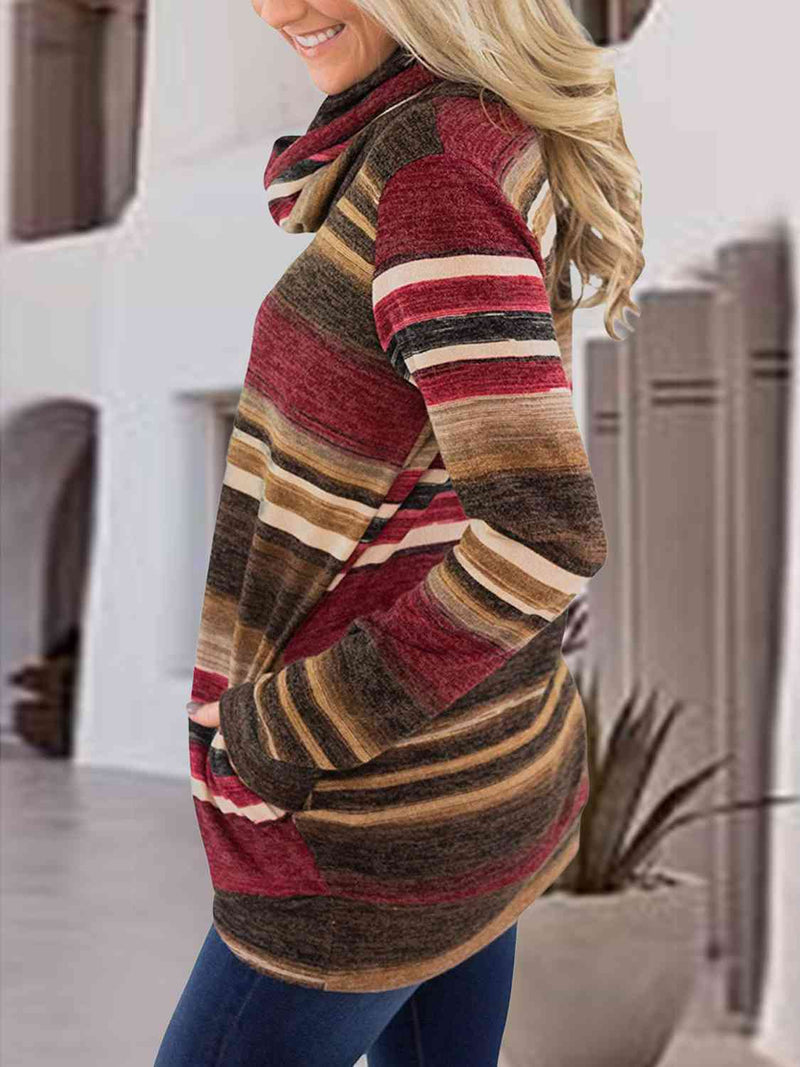 Striped Drawstring Cowl Neck Sweatshirt