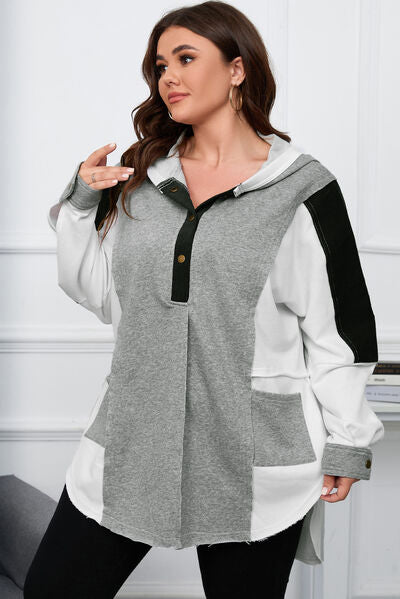 Plus Size Slit Color Block Half Snap Hoodie