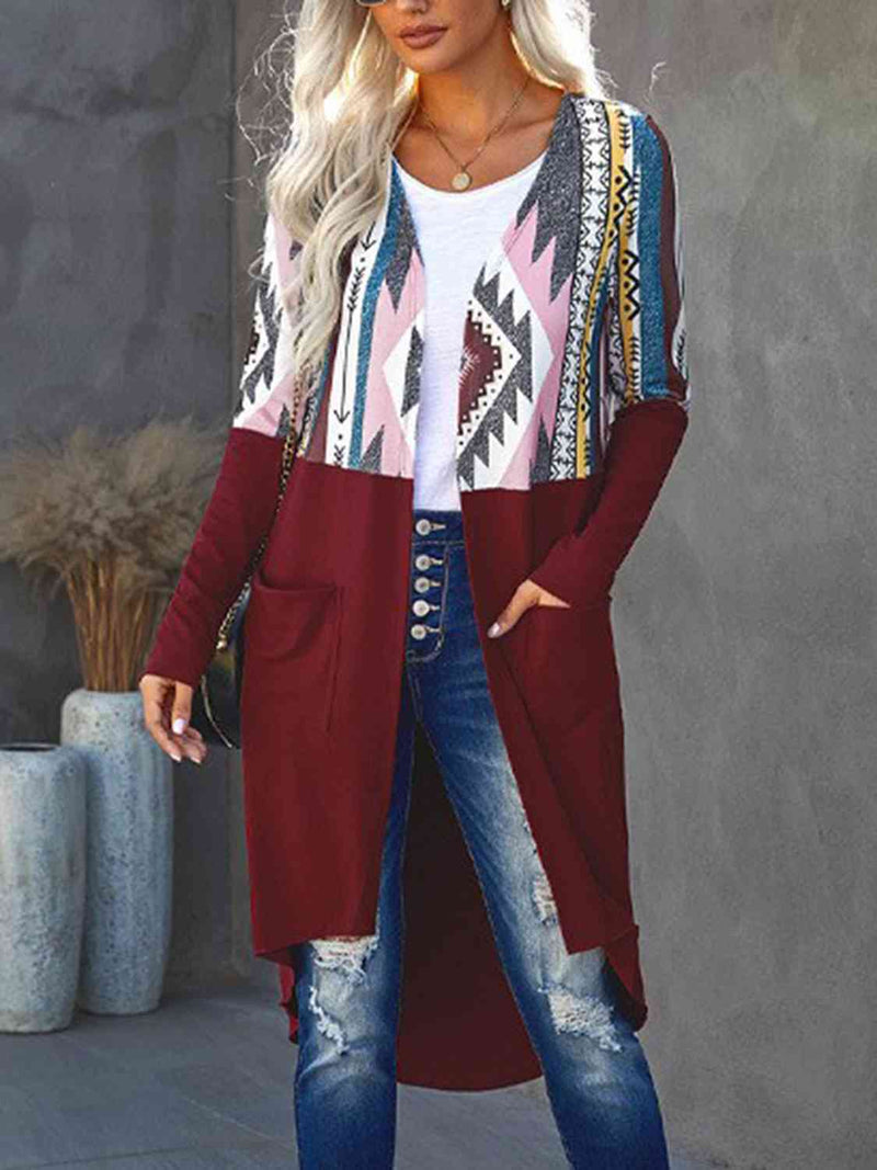 Printed Open Front Cardigan with Pockets