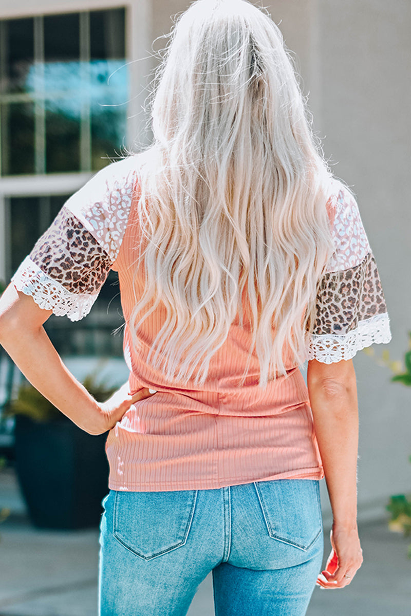 Leopard Lace Trim Ribbed Round Neck Top