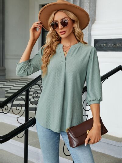 Textured Notched Three-Quarter Sleeve Blouse
