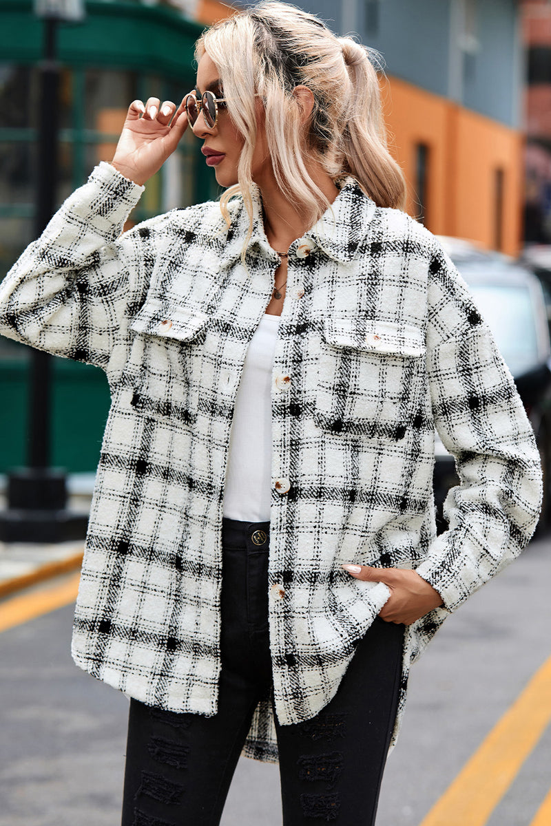 Plaid Dropped Shoulder Collared Jacket