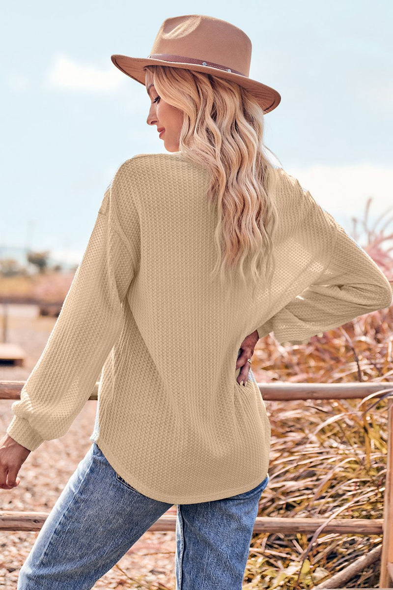 V-Neck Dropped Shoulder Waffle-Knit Blouse