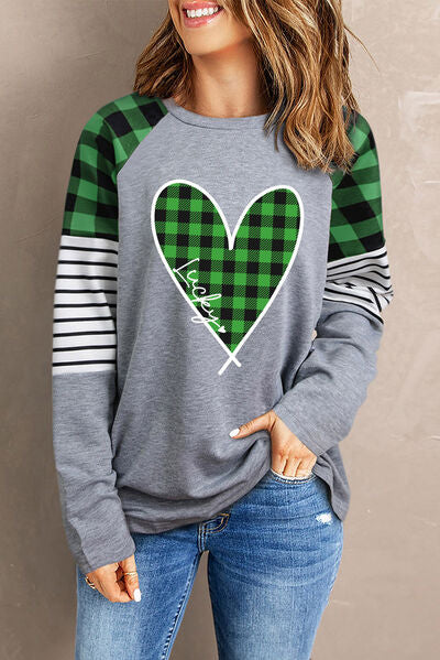 Plaid Heart Raglan Sleeve Sweatshirt