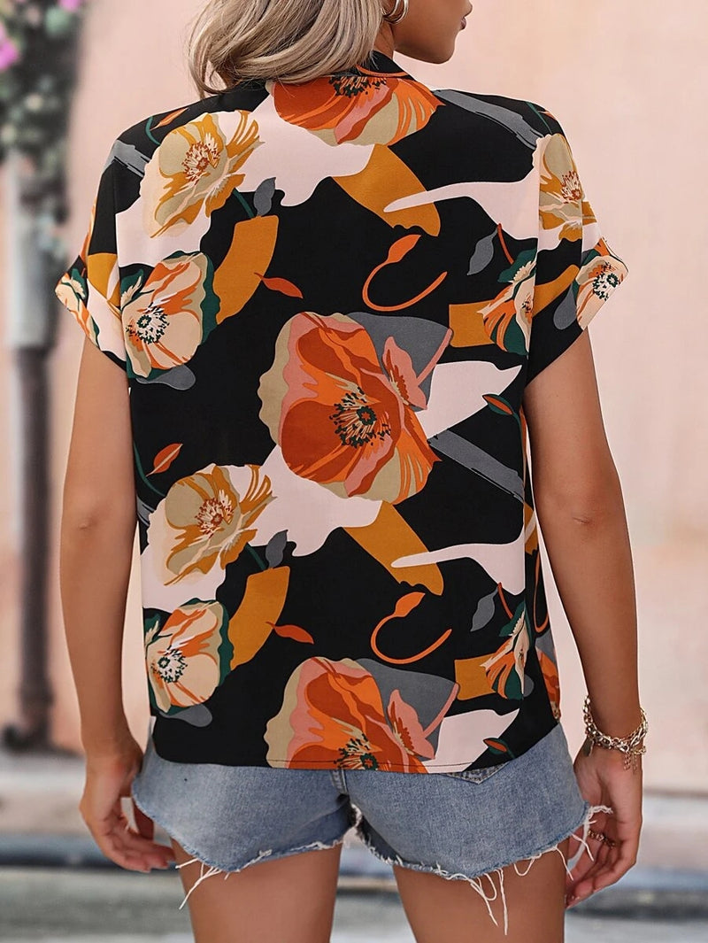 Printed Notched Neck Short Sleeve Blouse