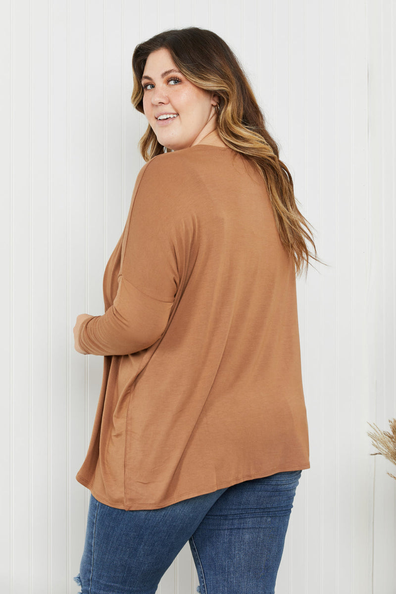 SAMPLE Zenana Full Size Round Neck Dropped Shoulder Tunic Top in Deep Camel
