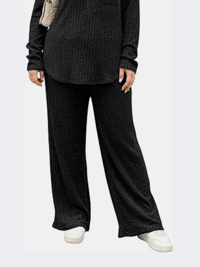 Plus Size Round Neck Long Sleeve Top and Pants Set