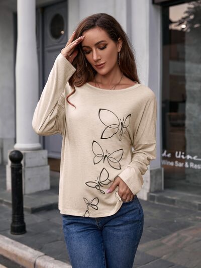 Butterfly Round Neck Dropped Shoulder Blouse