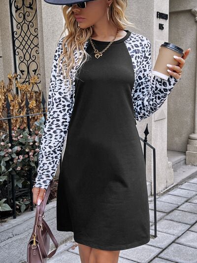 Leopard Round Neck Long Sleeve Dress